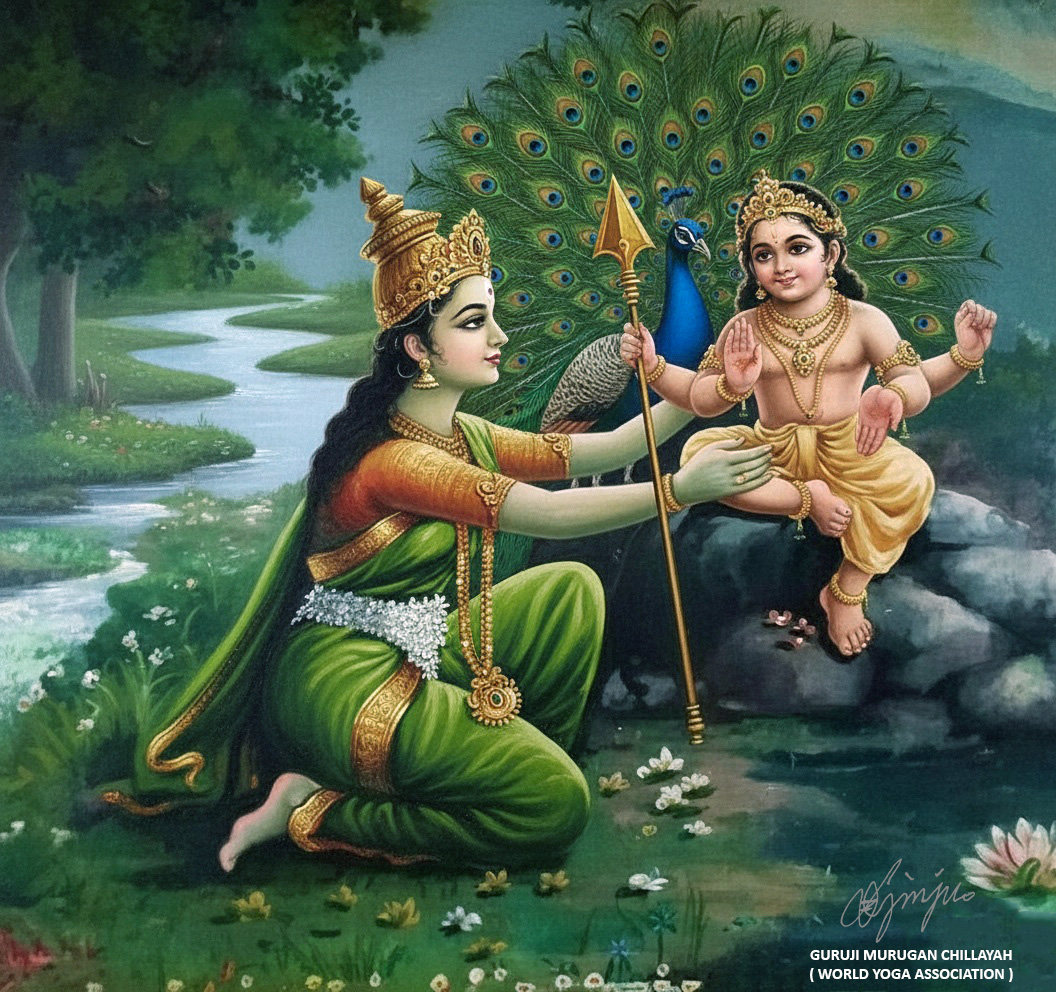 Murugan and Ma Parvati beside river stones with peacock